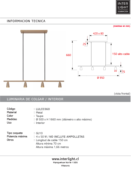 Lámpara colgante metal taupe 95 cm 4xGU10 - LULC0360