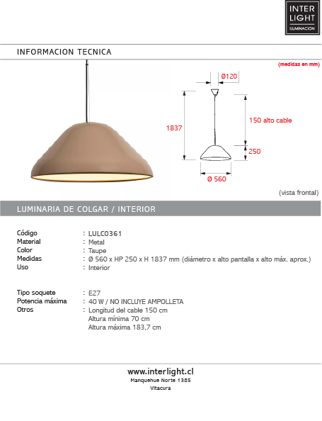 Lámpara colgante metal taupe Ø56x25 cm E27 - LULC0361