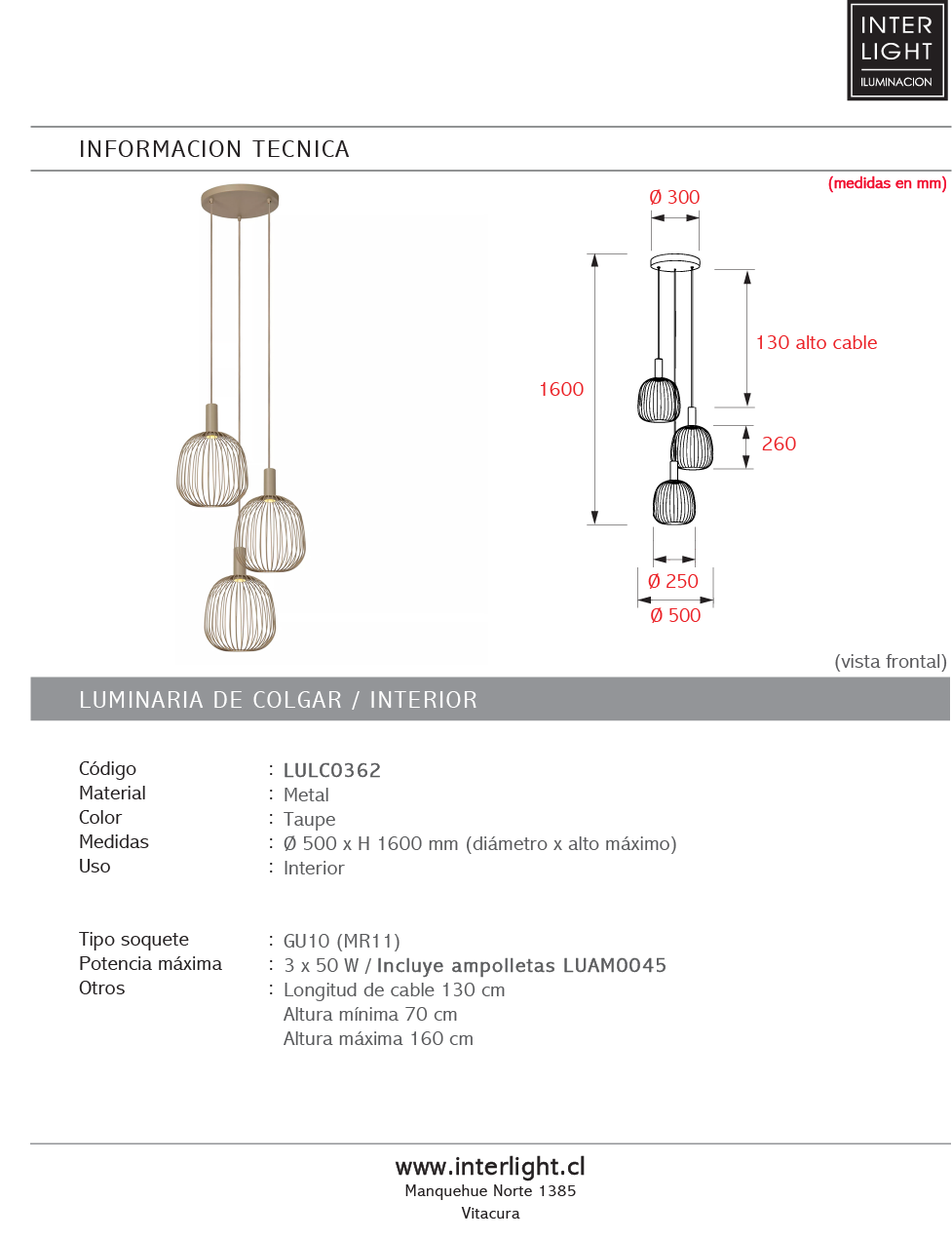Lámpara colgante metal taupe Ø50x1.60 cm 3 luces GU10 (MR11) -  LULC0362