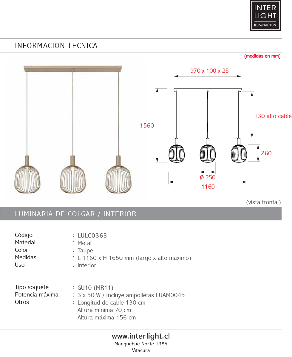 Lámpara colgante metal taupe  1,16 x 1,65 metro 3xGU10 (MR11) - LULC0363