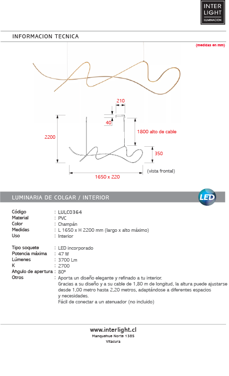 Lámpara colgante pvc champán 1,65x2,20 metro dimeable 47W LED - LULC0364