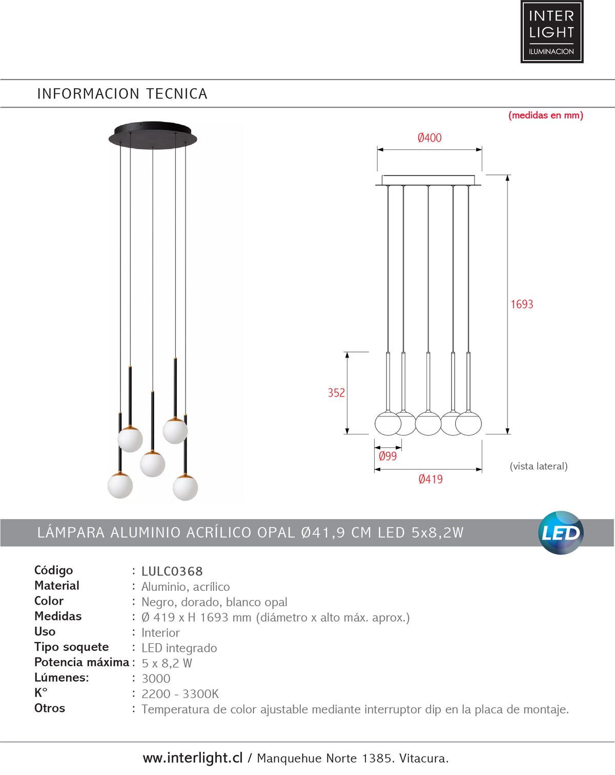Lámpara aluminio acrílico opal Ø41,9 cm LED 5 x 8,2W 2200K-3300K - LULC0368
