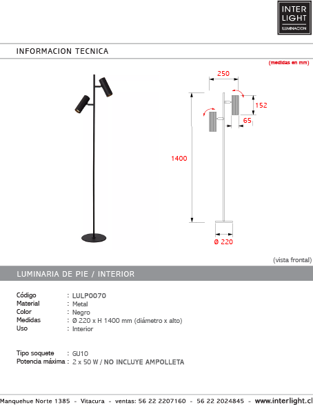 Lámpara de pie metal negro Ø22x14 cm 2 luces GU10 - LULP0070