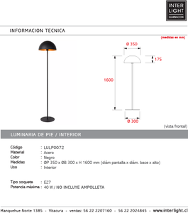 Lámpara de pie acero negro Ø35x160 cm E27 - LULP0072