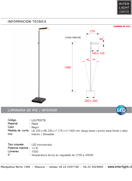 Lámpara de pie metal negro 20x1,40 cm LED 12W - LULP0078
