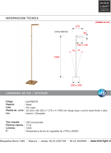Lámpara de pie metal oro mate 20x14,0 cm LED 12W - LULP0079