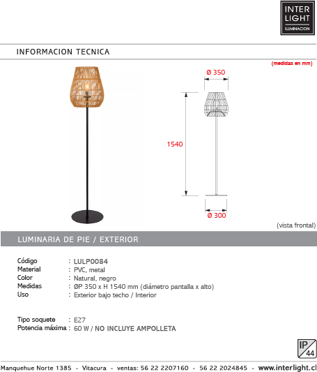 Lámpara de pie metal PVC natural Ø35x154 cm E27 - LULP0084