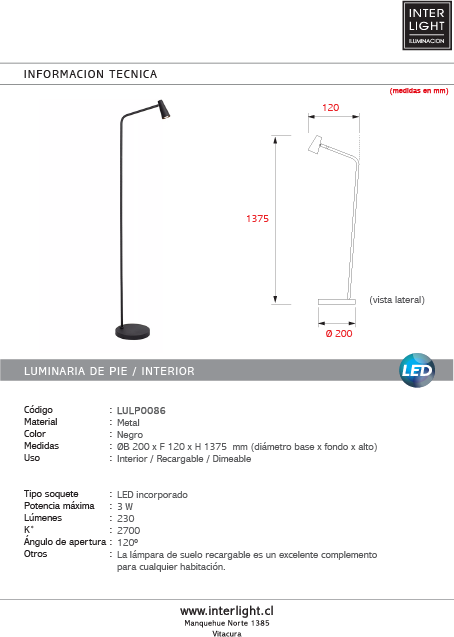 Lámpara de pie metal recargable Ø26x93 - LULP0086