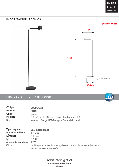 Lámpara de pie metal negro recargable Ø38,1x22x138 cm LED 3W - LULP0088