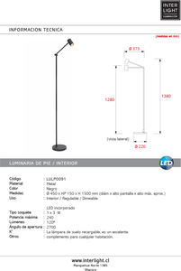 Lámpara de pie metal negro recargable Ø37,3x22x138 cm LED 3W - LULP0091
