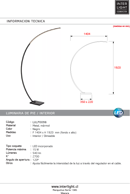 Lámpara de pie arco metal mármol negro 15W 2700K LED - LULP0098