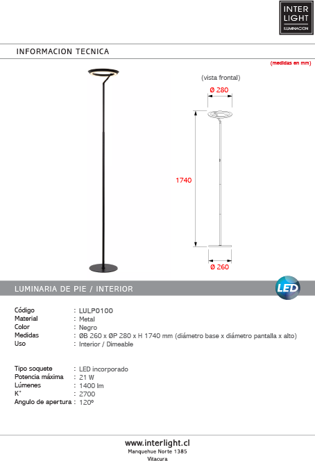 Lámpara de pie metal negro Ø28x1,74 cm 21W 2700K - LULP0100