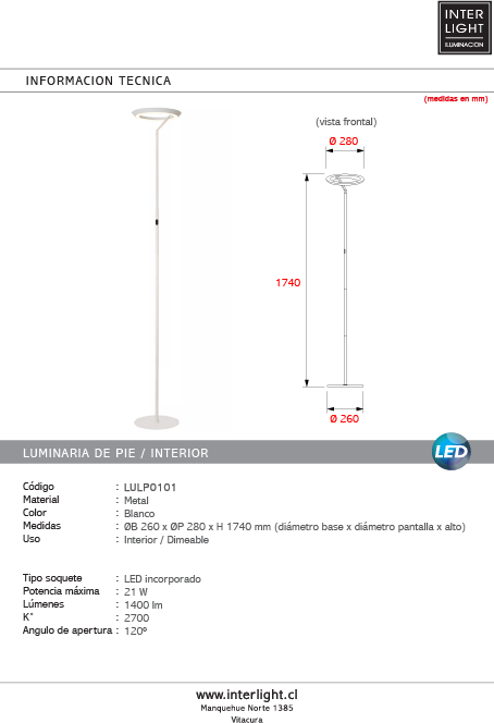 Lámpara de pie metal blanco Ø28x1,74 cm 21W 2700K - LULP0101