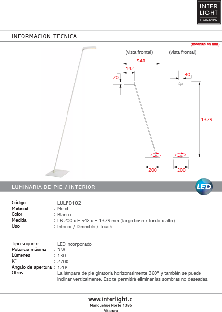 Lámpara de pie metal blanco 20x1,37 cm LED 3W 2700k - LULP0102