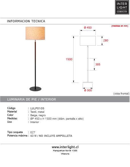 Lámpara de pie textil beige metal negro  Ø45x1,50 cm E27 - LULP0105