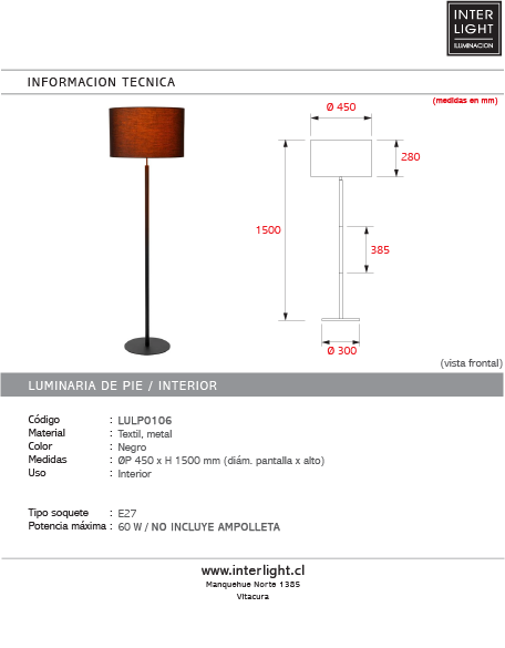 Lámpara de pie textil metal negro  Ø45x1,50 cm E27 - LULP0106