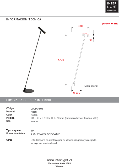 Lámpara de pie metal negro Ø23x1,27 cm LED G9 3W - LULP0108