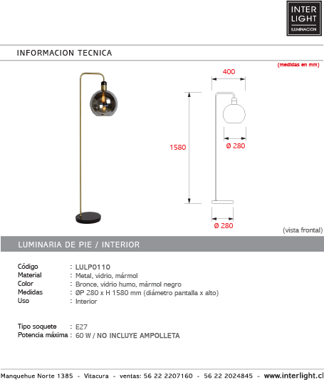 Lámpara de pie metal vidrio humo Ø28x158 cm E27 - LULP0110
