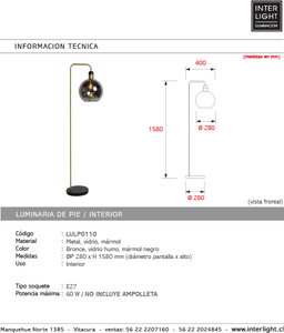 Lámpara de pie metal vidrio humo Ø28x158 cm E27 - LULP0110