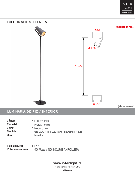Lámpara de pie metal negro fieltro gris Ø22 cm E14 - LULP0113