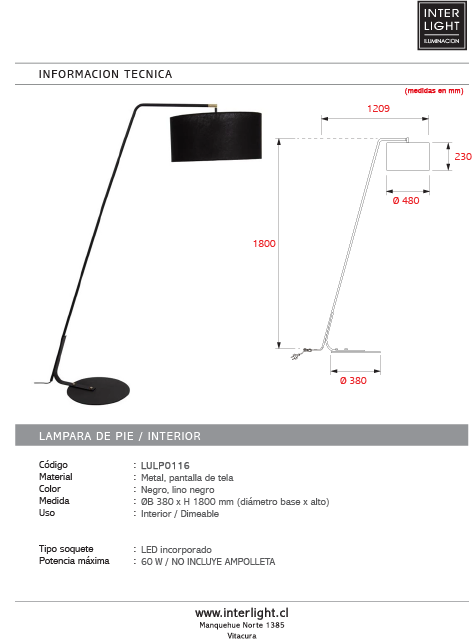 Lámpara de pie metal pantalla lino negro  Ø35x1,88 cm  E27 - LULP0116