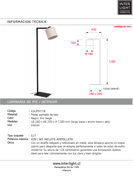 Lámpara de pie metal negro lino beige 28x1,280 cm 1xE27 - LULP0118