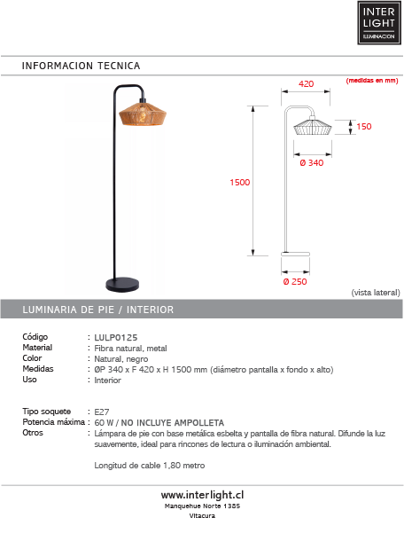 Lámpara de pie fibra natural negro Ø34x42x1,50 cm E27 - LULP0125