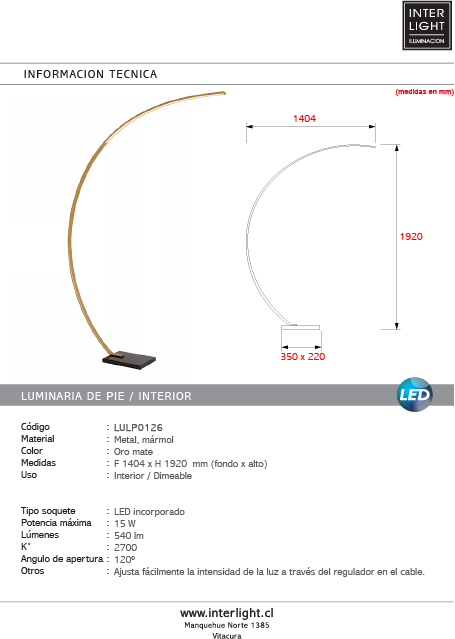 Lámpara de pie arco metal mármol oro mate 15W 2700K LED - LULP0126
