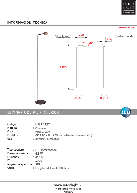 Lámpara de pie de aluminio café negro Ø22x143 cm 6,3W  2700K - LULP0127