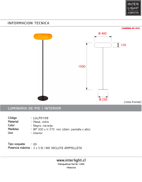 Lámpara de pie metal negro vidrio naranja Ø40x1,50 cm 3 luces G9 - LULP0129