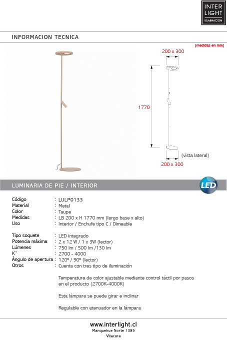 Lámpara de pie metal taupe 2x12W con lector de 1x3W cm LED - LULP0134