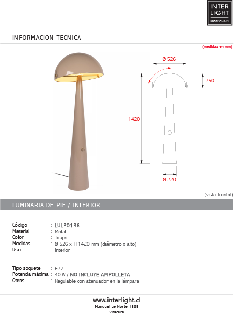 Lámpara de pie metal taupe Ø52,6x1,42 cm E27 - LULP0136
