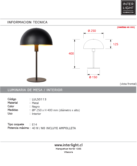 Lámpara de mesa mesa negro Ø25x40cm  E14- LULS0113