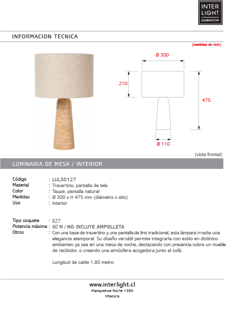 Lámpara de mesa travertino taupe  Ø 30x47,5 cm E27 -  LULS0127