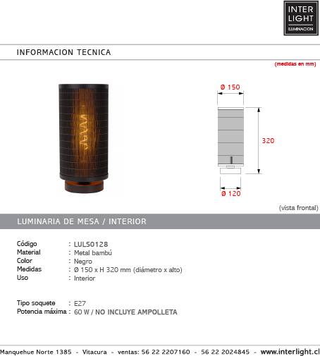 Lámpara sobremesa metal bambú Ø15x32 cm E27 - LULS0128