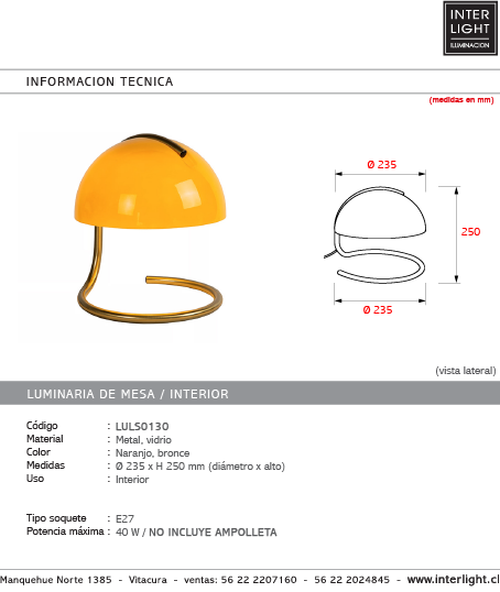 Lámpara sobremesa metal vidrio naranjo claro bronce Ø 23,5 cm  E27 - LULS0130