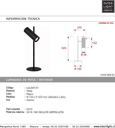 Lámpara sobremesa metal negro Ø15x42 cm GU10 - LULS0131