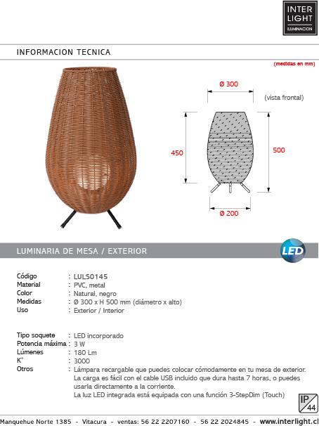 Lámpara sobremesa PVC negro natural Ø30x50 LED 3W IP44 - LULS0145