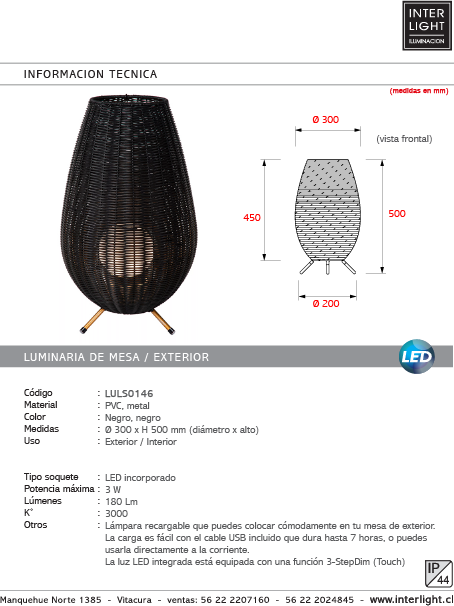 Lámpara sobremesa PVC negro Ø30x50 LED 3W IP44 - LULS0146