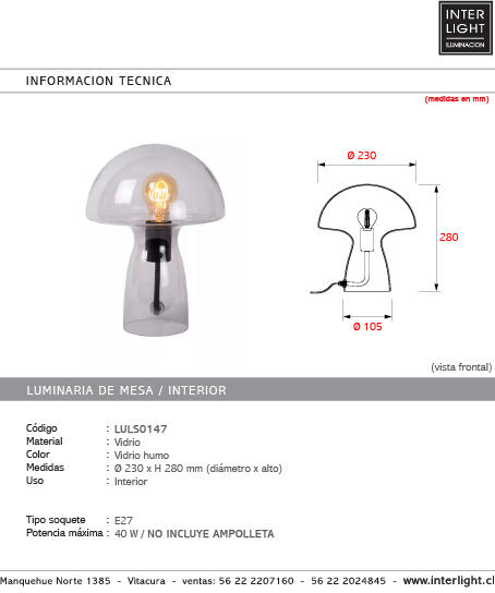 Lámpara sobremesa vidrio humo Ø23x28 cm E27 - LULS0147