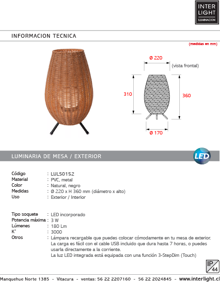 Lámpara sobremesa PVC negro natural Ø22x36 LED 3W IP44 - LULS0152