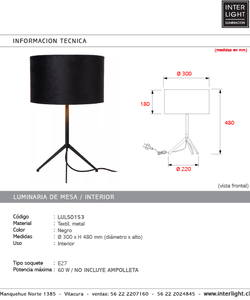 Lámpara sobremesa pantalla textil metal negro Ø30x48 cm E27 - LULS0153