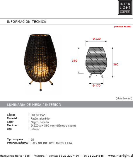 Lámpara sobremesa aluminio ratán negro Ø22x36 cm G9 - LULS0157