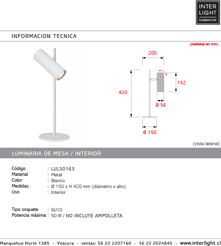 Lámpara sobremesa metal blanco Ø15x42 cm GU10 - LULS0163