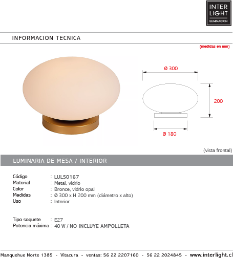 Lámpara sobremesa metal vidrio opal bronce Ø30x20 cm E27 - LULS0167
