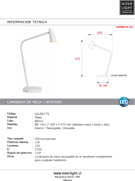 Lámpara sobremesa blanco recargable Ø14x30,5x47,5 cm LED 3W - LULS0175