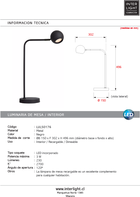 Lámpara sobremesa negro recargable Ø15x30,2x49,6 cm LED 3W - LULS0176