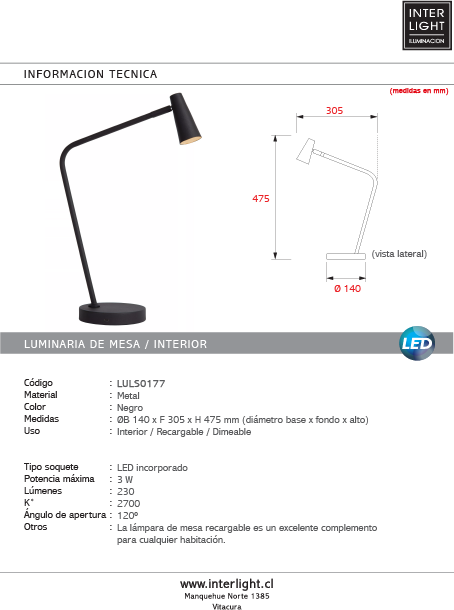 Lámpara sobremesa negro recargable Ø14x30,5x47,5 cm LED 3W - LULS0177
