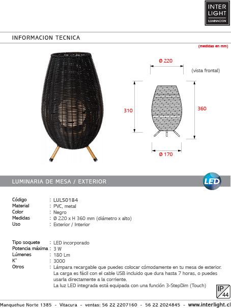 Lámpara sobremesa PVC negro Ø22x36 LED 3W IP44 - LULS0184