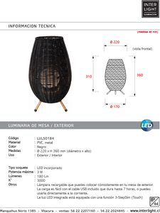 Lámpara sobremesa PVC negro Ø22x36 LED 3W IP44 - LULS0184